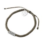 Silver accented cord bracelet, 'New Dawn' - Grey Cord Flower Motif Bracelet with Silver Peace Charm