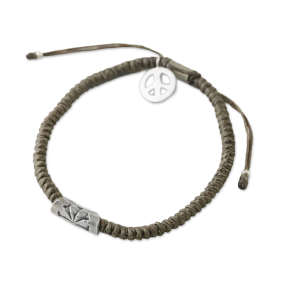 Grey Cord Flower Motif Bracelet with Silver Peace Charm