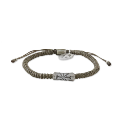 Silver accented cord bracelet, 'New Dawn' - Grey Cord Flower Motif Bracelet with Silver Peace Charm