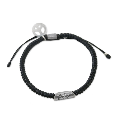 Silver Flower Motif Peace Symbol Charm Black Cord Bracelet