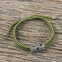 Silver pendant bracelet, 'Karen Seeds in Olive Green' - Thai Silver Pendant Three Strand Olive Green Cord Bracelet