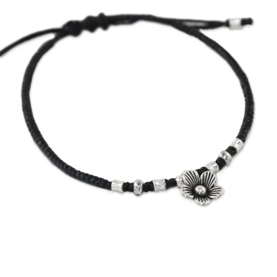 Silver accent cord bracelet, 'Ancient Bloom' - Handmade Cord Bracelet with Karen Silver Floral Charm