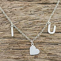 Sterling silver charm necklace, 'I Love U' - Brushed Silver Charm Necklace with I Love U Message