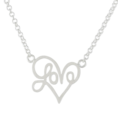 Sterling silver pendant necklace, 'All for Love' - Brushed Satin Sterling Silver Love Necklace