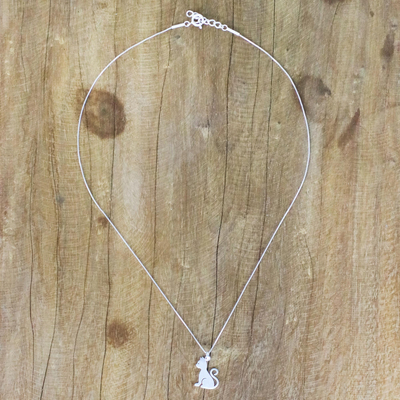 Sterling silver pendant necklace, 'Waiting for Love' - Brushed Sterling Silver Cat Pendant Necklace