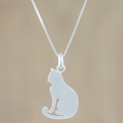 Sterling silver pendant necklace, 'Cat's Shadow' - Artisan Crafted Silver Cat Necklace with Brushed Finish