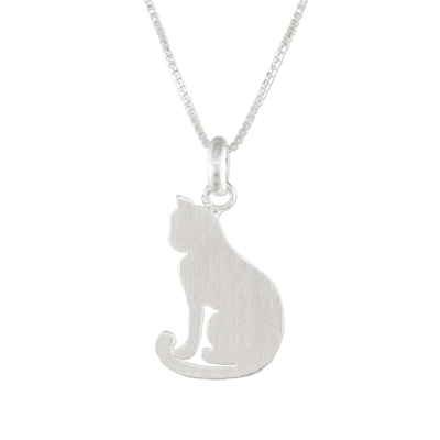 Sterling silver pendant necklace, 'Cat's Shadow' - Artisan Crafted Silver Cat Necklace with Brushed Finish