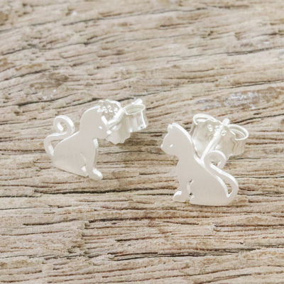 Sterling silver stud earrings, 'Waiting for Love' - Brushed Silver Cat Stud Earrings from Thai Artisan