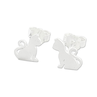Sterling silver stud earrings, 'Waiting for Love' - Brushed Silver Cat Stud Earrings from Thai Artisan