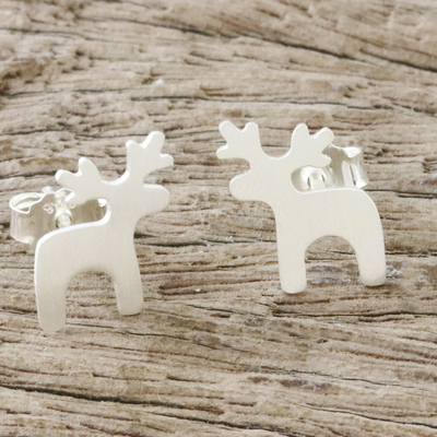 Sterling silver stud earrings, 'Lovely Deer' - Sterling Silver Deer Earrings with Brushed Finish