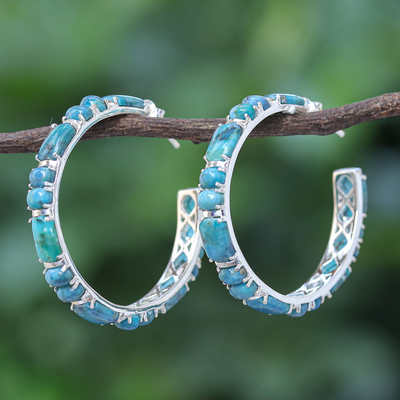 Turquoise half-hoop earrings, 'Blue Cascade' - Natural Turquoise Half Hoop Earrings with Sterling Silver