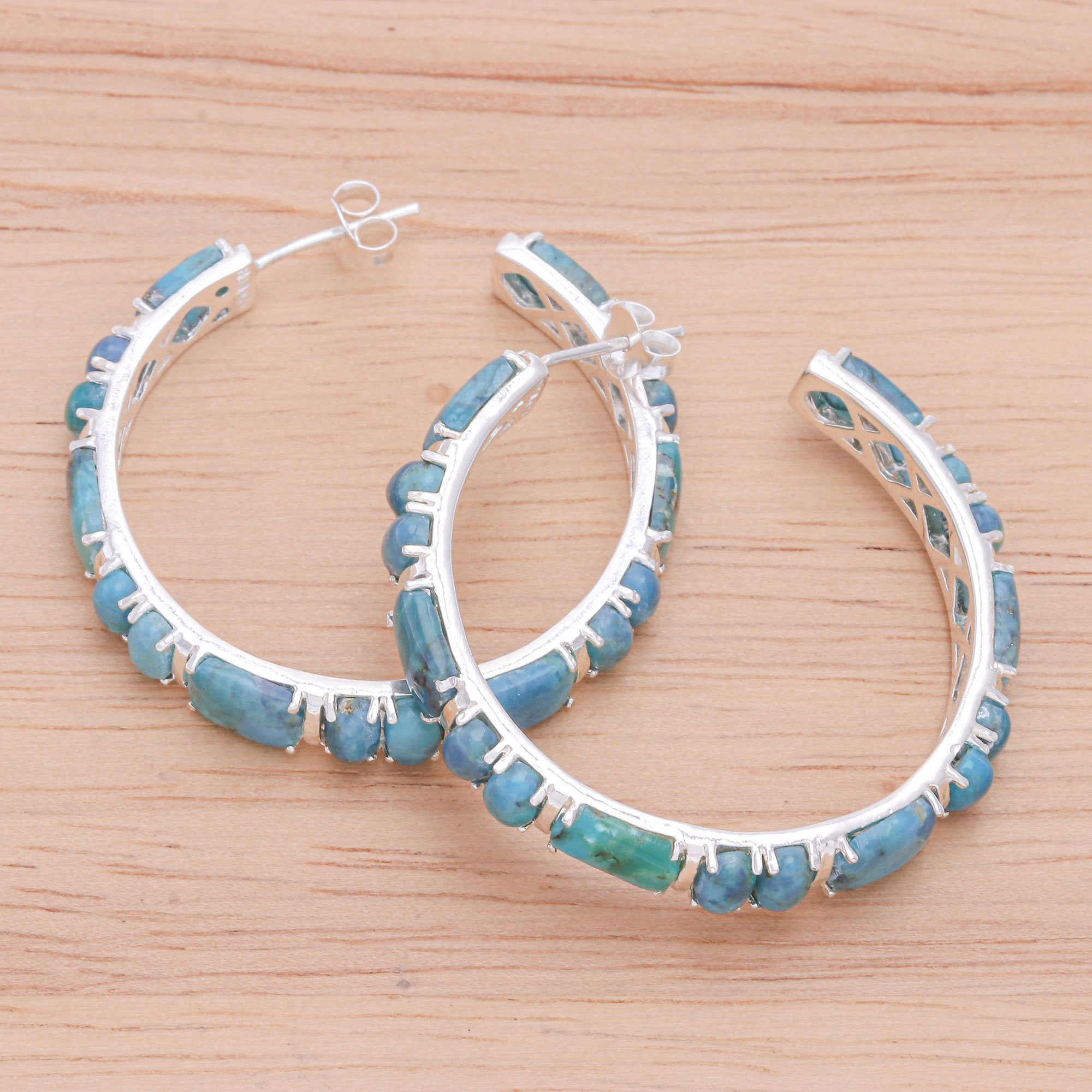 Natural Turquoise Half Hoop Earrings with Sterling Silver Blue