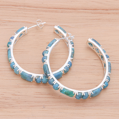 Turquoise half-hoop earrings, 'Blue Cascade' - Natural Turquoise Half Hoop Earrings with Sterling Silver