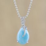 Larimar pendant necklace, 'Cradled Drop' - Drop-Shaped Larimar and CZ Pendant Necklace from Thailand