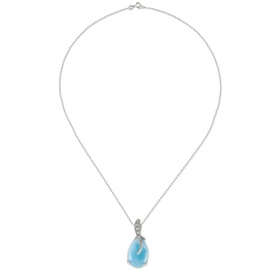 Larimar pendant necklace, 'Cradled Drop' - Drop-Shaped Larimar and CZ Pendant Necklace from Thailand