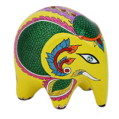 Thai Elephant Sculpture with Hand Painted Fish Motifs