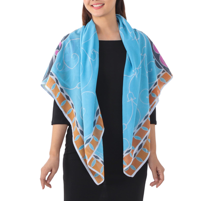 Cotton batik shawl, 'Terrace Garden' - Hand Dyed Blue/Multicolor Floral Cotton Shawl