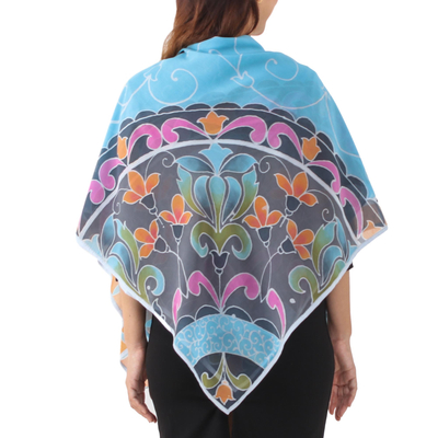Cotton batik shawl, 'Terrace Garden' - Hand Dyed Blue/Multicolor Floral Cotton Shawl
