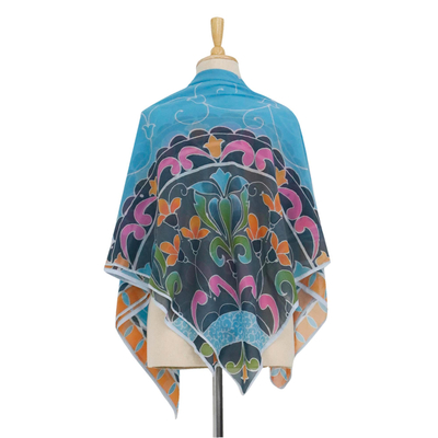 Batikschal aus Baumwolle - Handgefärbter Schal aus blau/mehrfarbiger Baumwolle mit Blumenmuster