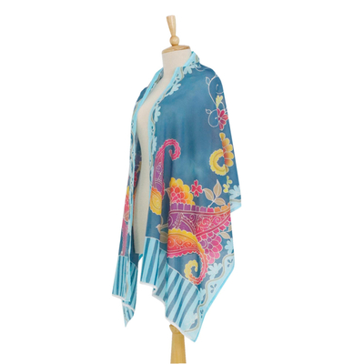 Batikschal aus Baumwolle - Blauer Baumwollschal mit Paisley- und Blumen-Batik-Motiven