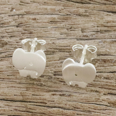 Sterling silver stud earrings, 'Watchful Elephants' - Brushed Sterling Silver Elephant Stud Earrings from Thailand