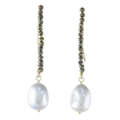 Gold plated cultured pearl and hematite dangle earrings, 'Grey Charm' - Cultured Pearl and Hematite Gold Plated Earrings