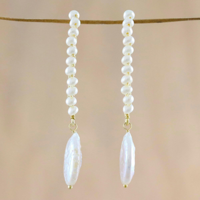Gold plated cultured pearl dangle earrings, 'Golden Ang Thong' - Feminine 18k Gold Plated Earrings with Cultured Pearls