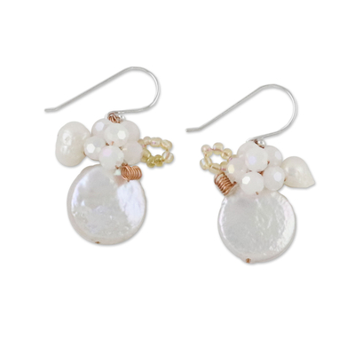 Cultured pearl dangle earrings, 'Night Glamour in White' - Cultured Pearl and Glass Dangle Earrings from Thailand