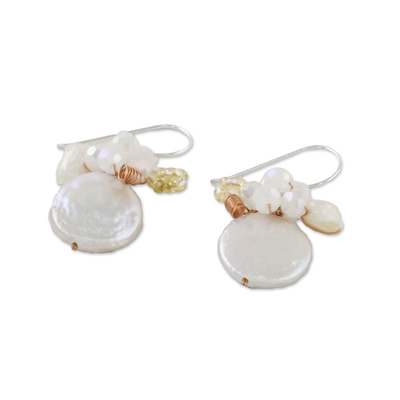 Cultured pearl dangle earrings, 'Night Glamour in White' - Cultured Pearl and Glass Dangle Earrings from Thailand