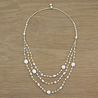 Cultured pearl and quartz long beaded necklace, 'Festive Holiday in White' - Cultured Pearl Multigem Beaded Necklace from Thailand
