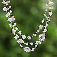 Cultured pearl and quartz long beaded necklace, 'Festive Holiday in White' - Cultured Pearl Multigem Beaded Necklace from Thailand