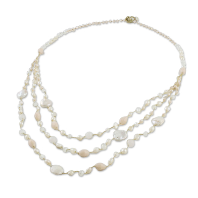 Cultured pearl and quartz long beaded necklace, 'Festive Holiday in White' - Cultured Pearl Multigem Beaded Necklace from Thailand