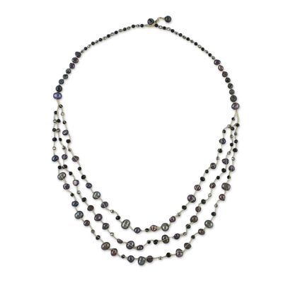 Cultured pearl and quartz long beaded necklace, 'Festive Holiday in Black' - Cultured Pearl and Quartz Beaded Necklace from Thailand