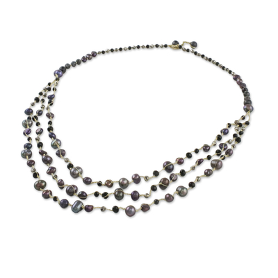 Cultured pearl and quartz long beaded necklace, 'Festive Holiday in Black' - Cultured Pearl and Quartz Beaded Necklace from Thailand