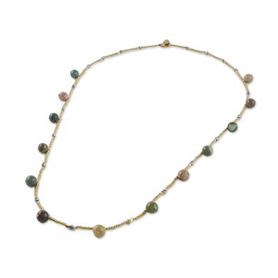 Agate long beaded necklace, 'Fresh Blossoms' - Agate and Brass Beaded Necklace from Thailand