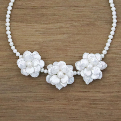 Cultured pearl pendant necklace, 'Innocent Flowers' - Cultured Pearl Floral Pendant Necklace from Thailand