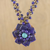 Lapis lazuli pendant necklace, 'Chiang Mai Flower' - Lapis Lazuli Floral Necklace from Thailand