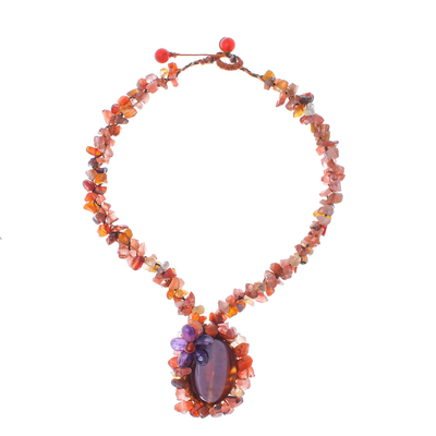 Carnelian Pendant Necklace with Amethyst Flower Accent