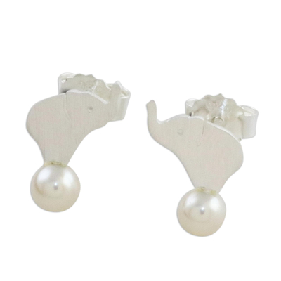 Cultured pearl button earrings, 'Pure Elephants' - Cultured Pearl Elephant Button Earrings from Thailand