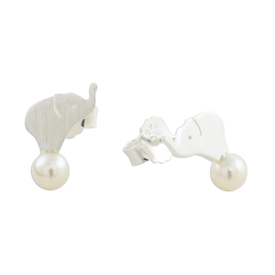 Cultured pearl button earrings, 'Pure Elephants' - Cultured Pearl Elephant Button Earrings from Thailand