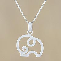 Sterling silver pendant necklace, 'Motherhood' - Mama Elephant Pendant Necklace in Brushed Silver