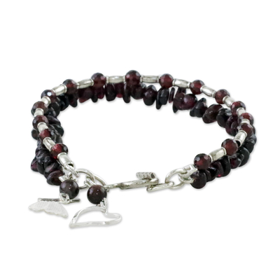 Garnet beaded charm bracelet, 'Double Treasure' - Hill Tribe Silver and Garnet Beaded Bracelet