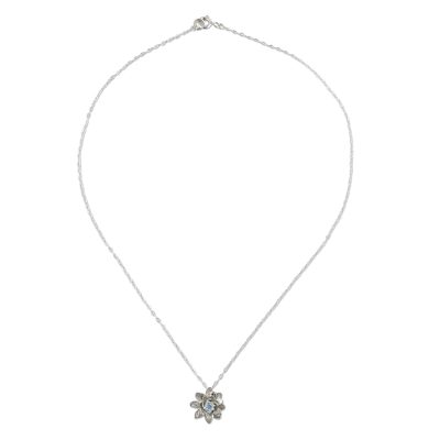 Blue topaz pendant necklace, 'Wonderful Water Lily' - Sterling Silver and Blue Topaz Water Lily Pendant Necklace