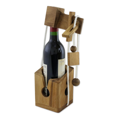 Wood puzzle, 'Open the Bottle' - Handmade Wood Bottle Holder and Puzzle from Thailand