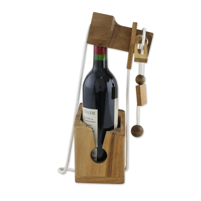 Wood puzzle, 'Open the Bottle' - Handmade Wood Bottle Holder and Puzzle from Thailand