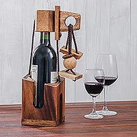 Wood puzzle, 'Don't Break The Bottle' - Wood Puzzle and Wine Bottle Holder from Thailand