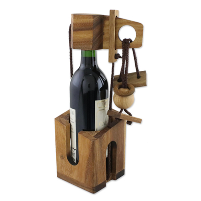 Wood puzzle, 'Don't Break The Bottle' - Wood Puzzle and Wine Bottle Holder from Thailand