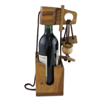 Rompecabezas de madera, 'No rompas la botella' - Rompecabezas de madera y portabotellas de vino de Tailandia