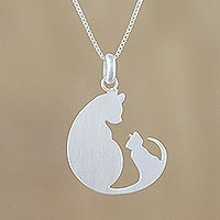 Sterling silver pendant necklace, 'Feline Love'