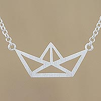 Sterling silver pendant necklace, 'Paper Boat' - Boat-Shaped Sterling Silver Pendant Necklace from Thailand